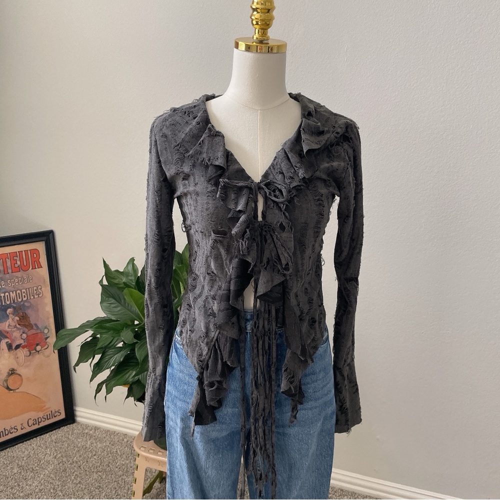 Gray Ruffled Tie-Front Cardigan